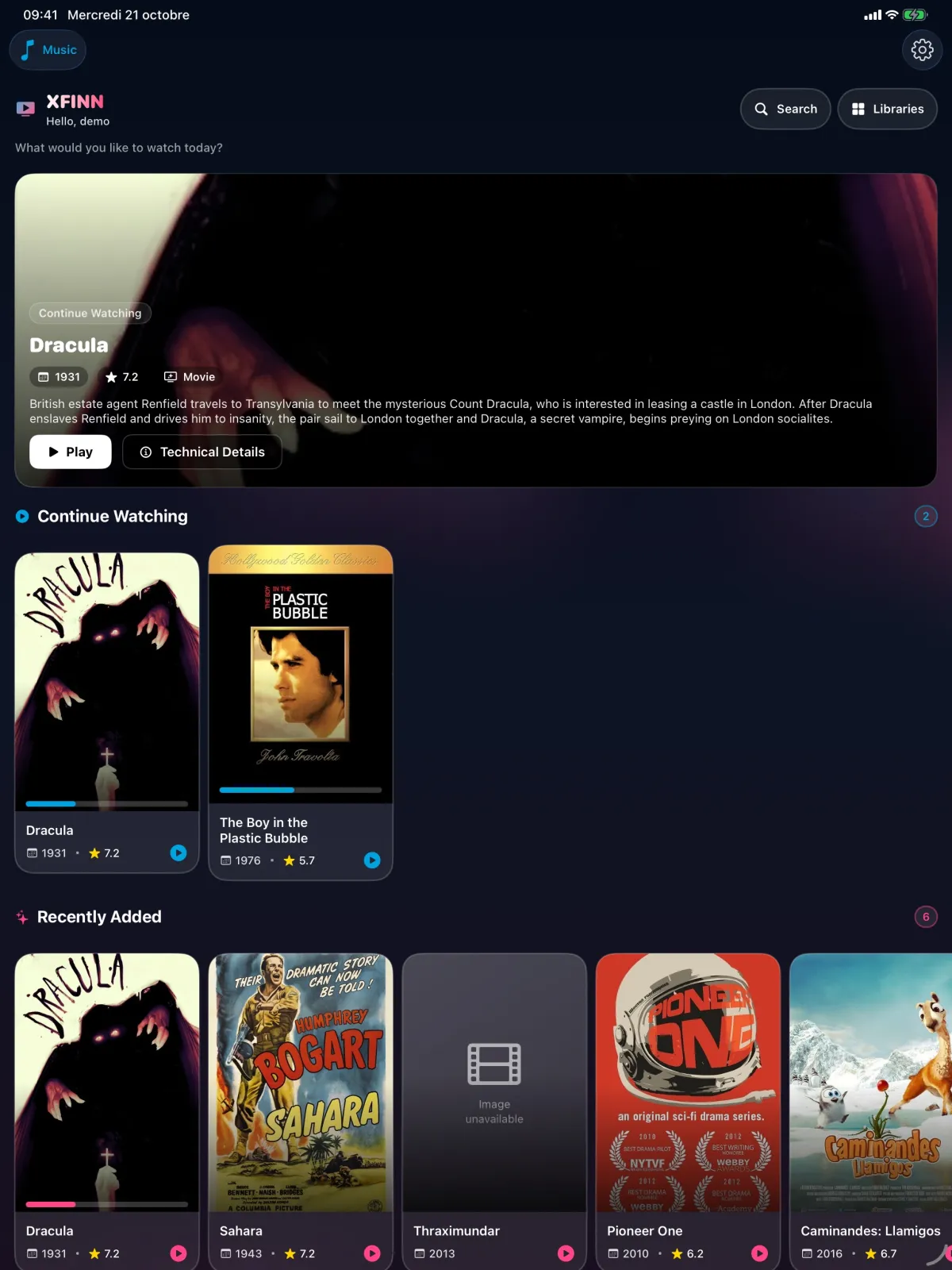 xfinn on iPad: Continue Watching and Recently Added rows.