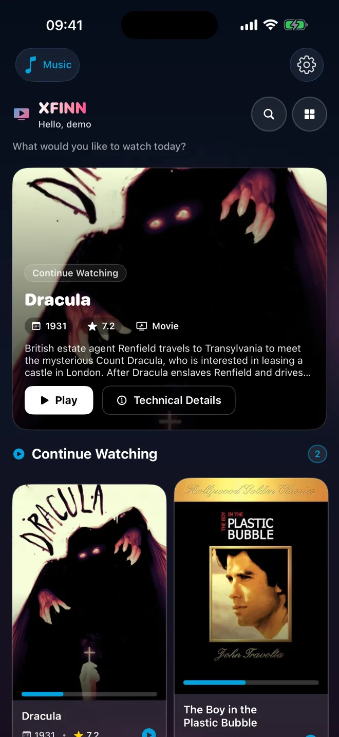 xfinn on iPhone: the home screen with the movie to resume.
