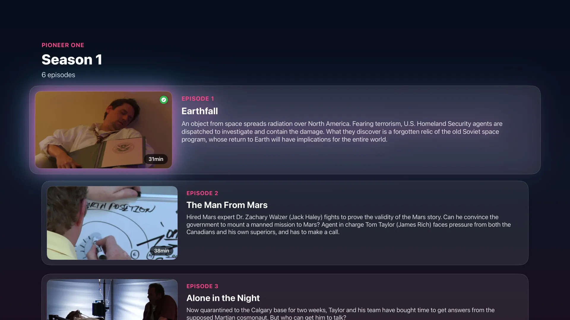 A season on Apple TV: the episode list, with the watched ones ticked.